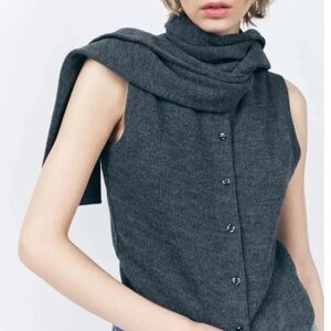 ZARA BUTTONED SCARF KNIT VEST KNOTTED SWEATER